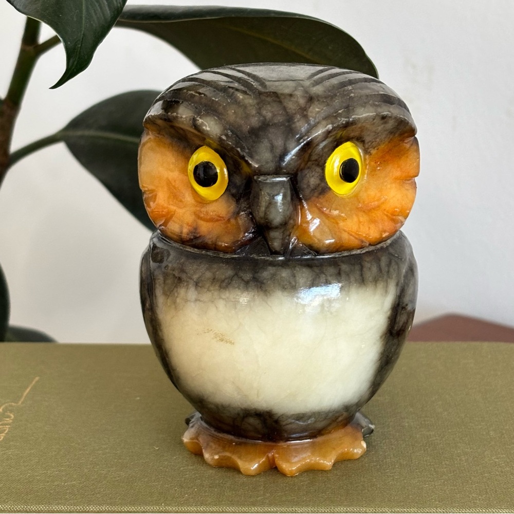 Handcrafted Owl Figurine - Italian Alabaster - Grey, Orange, and Cream